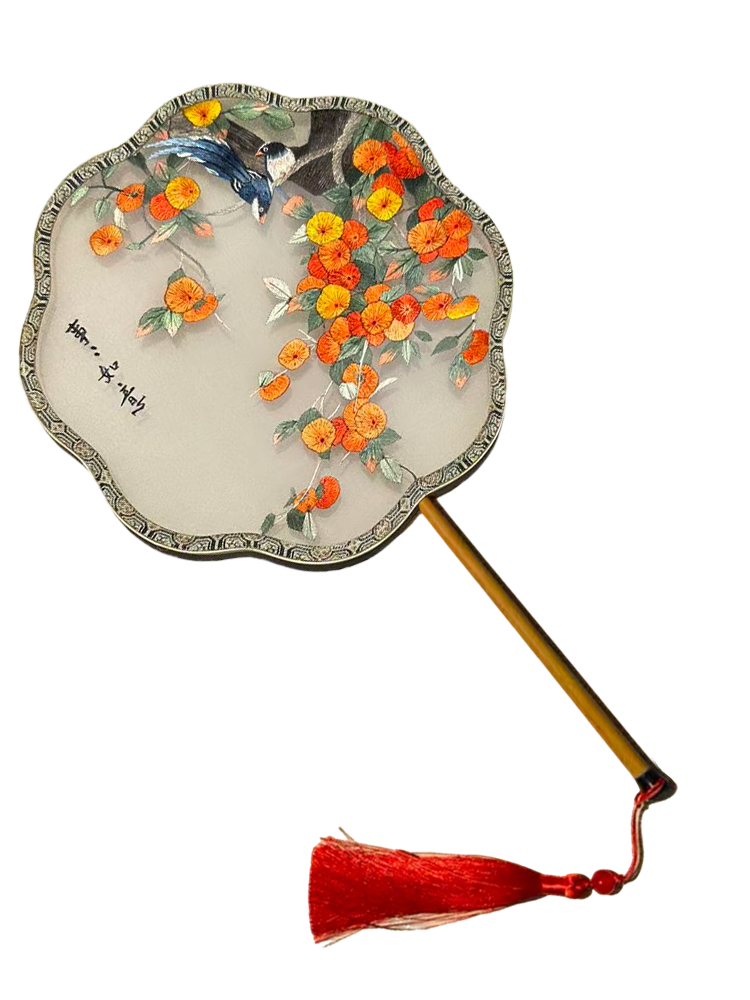 Blessings Arrive with Persimmons・Magpie & Persimmon Suzhou Embroidery Floral Palace Fan 喜柿临门苏绣团扇
