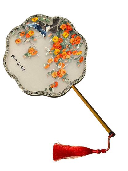 Blessings Arrive with Persimmons・Magpie & Persimmon Suzhou Embroidery Floral Palace Fan 喜柿临门苏绣团扇