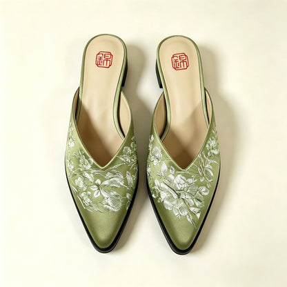 Custom Vintage Old‑Stock Brocade‑Satin Pointed‑Toe Shoes | 定制老缎复古尖头鞋