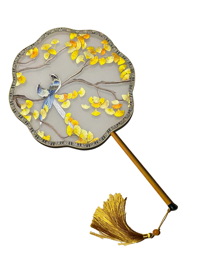 Golden Ginkgo Blessing Magpies Suzhou Embroidery Floral Palace Fan 金叶报喜苏绣团扇