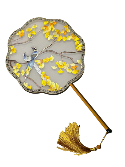 Golden Ginkgo Blessing Magpies Suzhou Embroidery Floral Palace Fan 金叶报喜苏绣团扇
