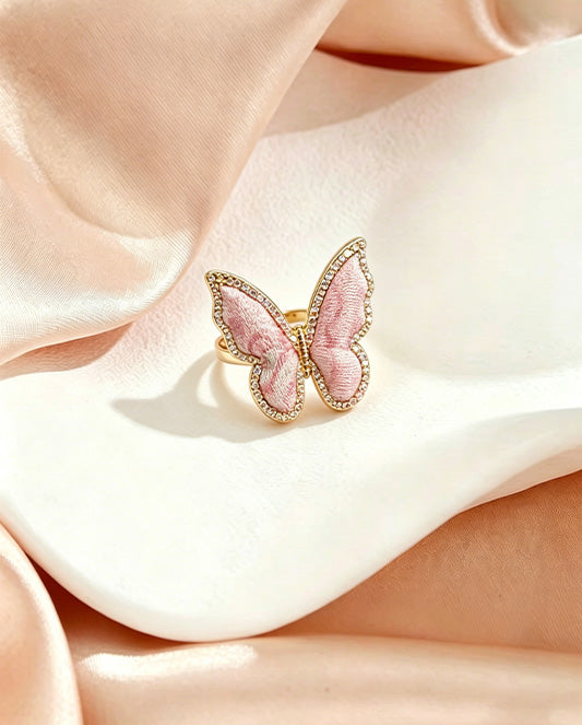 Sanma Pink Badayun Pattern Song Brocade Butterfly Ring | 三马粉色八达晕纹宋锦蝴蝶戒指