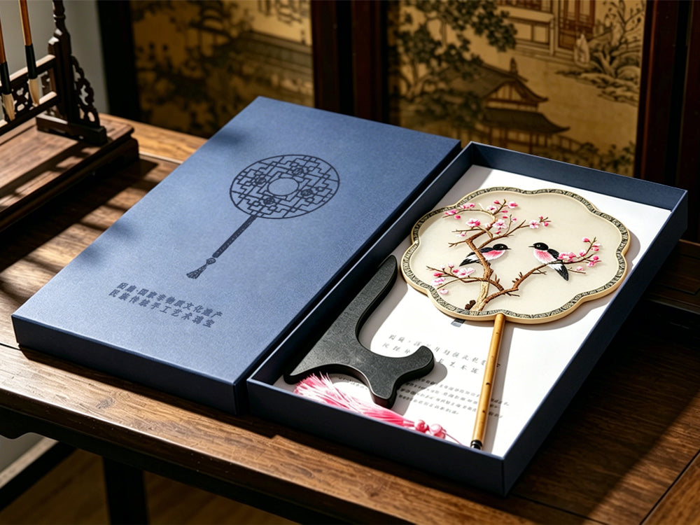 Magpies on Plum Branches Suzhou Embroidery Round Fan 喜上眉梢苏绣团扇