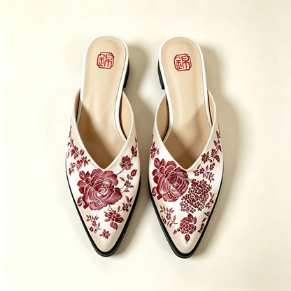 Custom Vintage Old‑Stock Brocade‑Satin Pointed‑Toe Shoes | 定制老缎复古尖头鞋