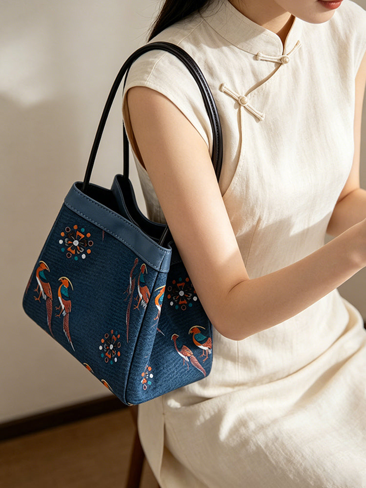 Multicolored Di Bird Song Brocade Handbag 五彩翟鸟宋锦手提包
