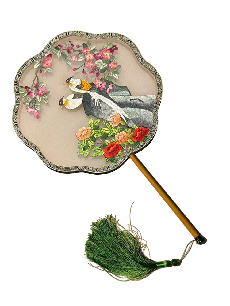 Double Blessings & Prosperity Suzhou Embroidery Floral Palace Fan 富贵成双苏绣团扇