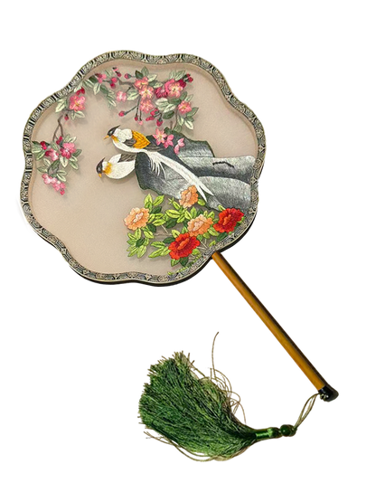 Double Blessings & Prosperity Suzhou Embroidery Floral Palace Fan 富贵成双苏绣团扇