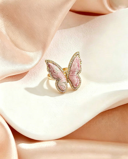 Sanma Pink Badayun Pattern Song Brocade Butterfly Ring | 三马粉色八达晕纹宋锦蝴蝶戒指