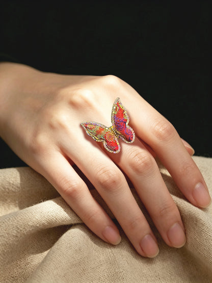 Lu Meiying Red Kui-Dragon Badayun Song Brocade Butterfly Ring | 陆美英红色夔龙八达晕宋锦蝴蝶戒指