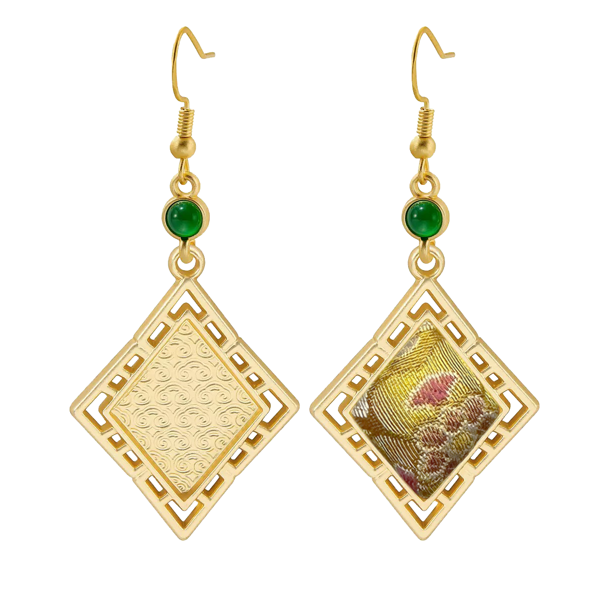 Sanma Golden Wealth from Eight Directions Song Brocade Rhombus Earrings 三马金色八方来财宋锦菱形耳环