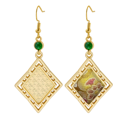 Sanma Golden Wealth from Eight Directions Song Brocade Rhombus Earrings 三马金色八方来财宋锦菱形耳环