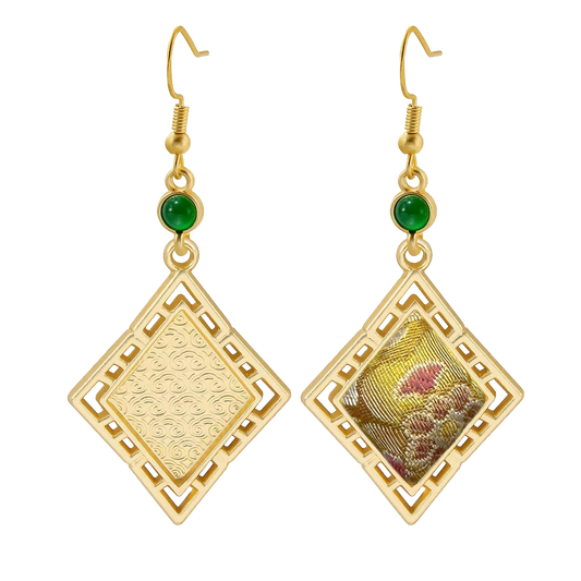 Sanma Golden Wealth from Eight Directions Song Brocade Rhombus Earrings 三马金色八方来财宋锦菱形耳环