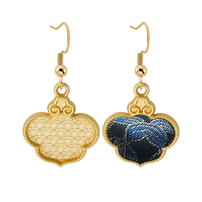 Song Brocade Earrings | Blue Immortal Herb & Treasure Flower, by Qian Xiaoping 钱小萍蓝色仙草宝相宋锦耳环