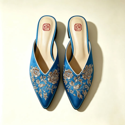 Custom Vintage Old‑Stock Brocade‑Satin Pointed‑Toe Shoes | 定制老缎复古尖头鞋