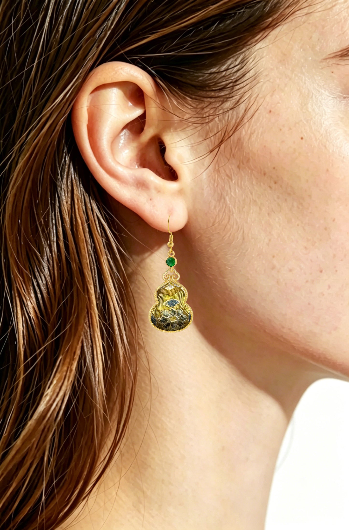 Sanma Golden Wealth from Eight Directions Song Brocade Large Gourd Earrings 三马金色八方来财宋锦大葫芦耳环