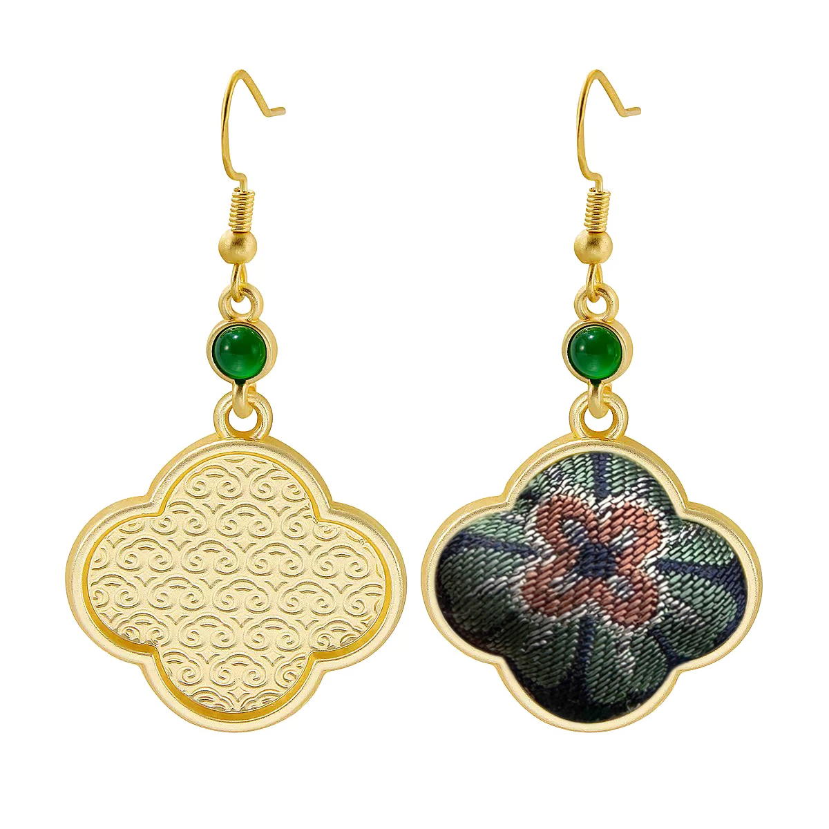 Sanma Wealth-On-Horse Song Brocade Four-Leaf Clover Earrings 三马马上有钱宋锦四叶草耳环
