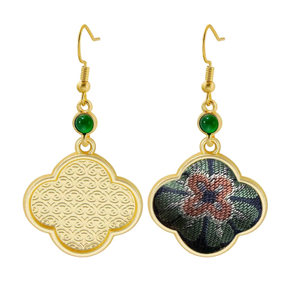 Sanma Wealth-On-Horse Song Brocade Four-Leaf Clover Earrings 三马马上有钱宋锦四叶草耳环