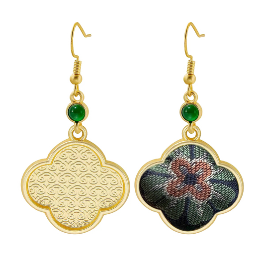 Sanma Wealth-On-Horse Song Brocade Four-Leaf Clover Earrings 三马马上有钱宋锦四叶草耳环