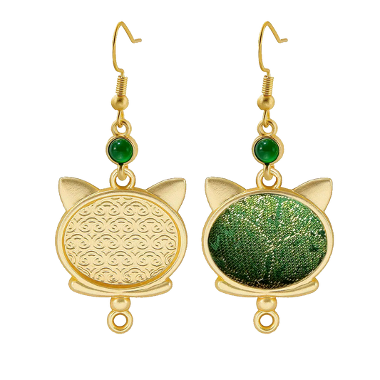 Babei Green Badayun Song Brocade Cat-shaped Earrings 巴贝绿色八达晕宋锦耳环