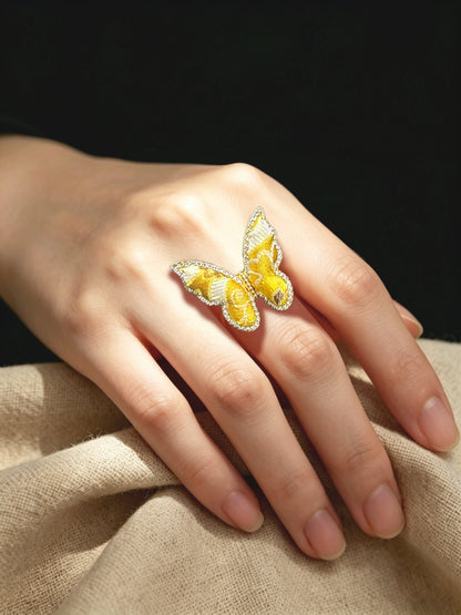 Sanma Golden Baoxiang Fortune-from-Eight-Directions Song Brocade Butterfly Ring | 三马金色宝相八方来财宋锦蝴蝶戒指